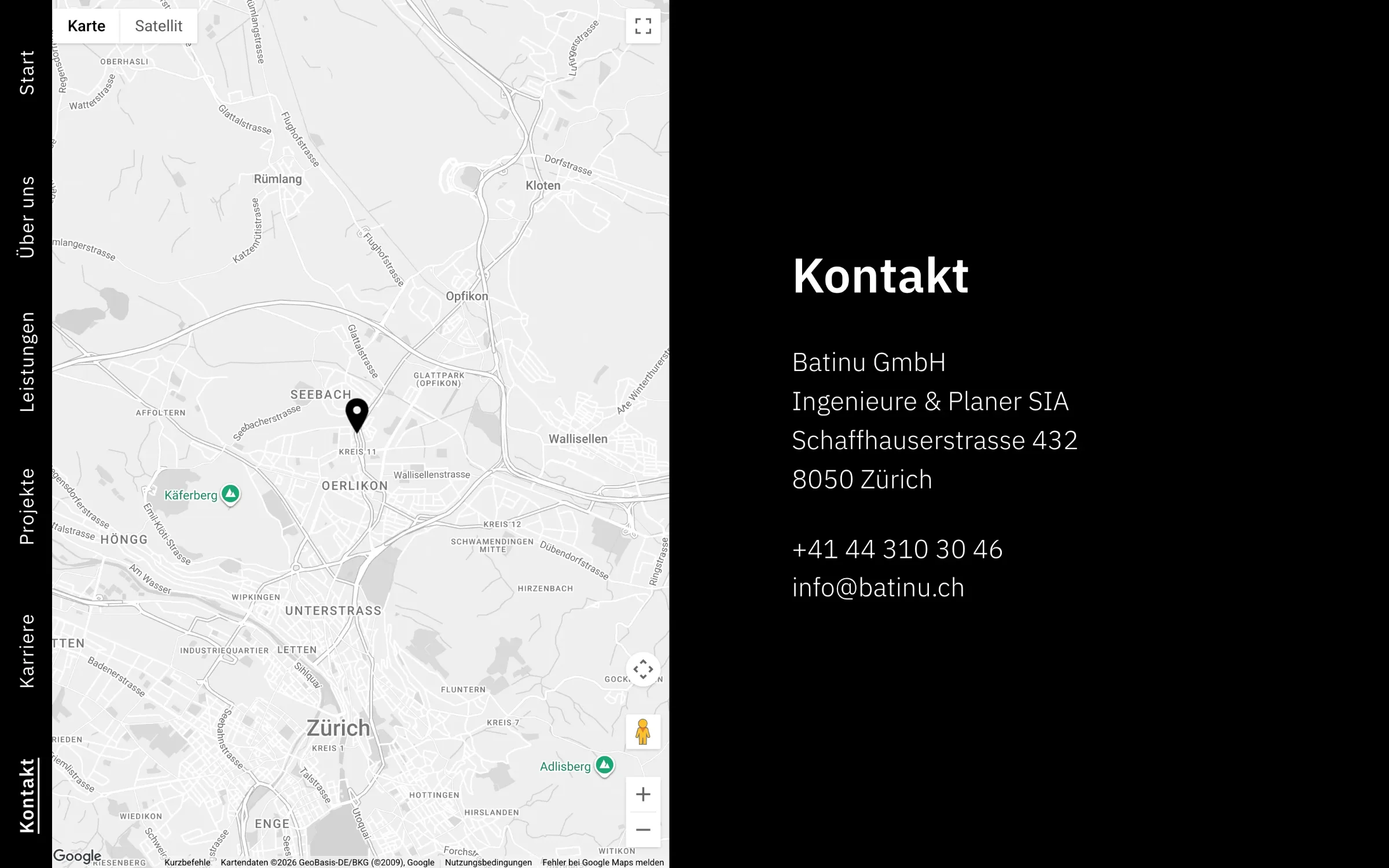 Kontaktseite Batinu Bauingenieure mit Karte Zürich Oerlikon — Webdesign Bauingenieure Zürich