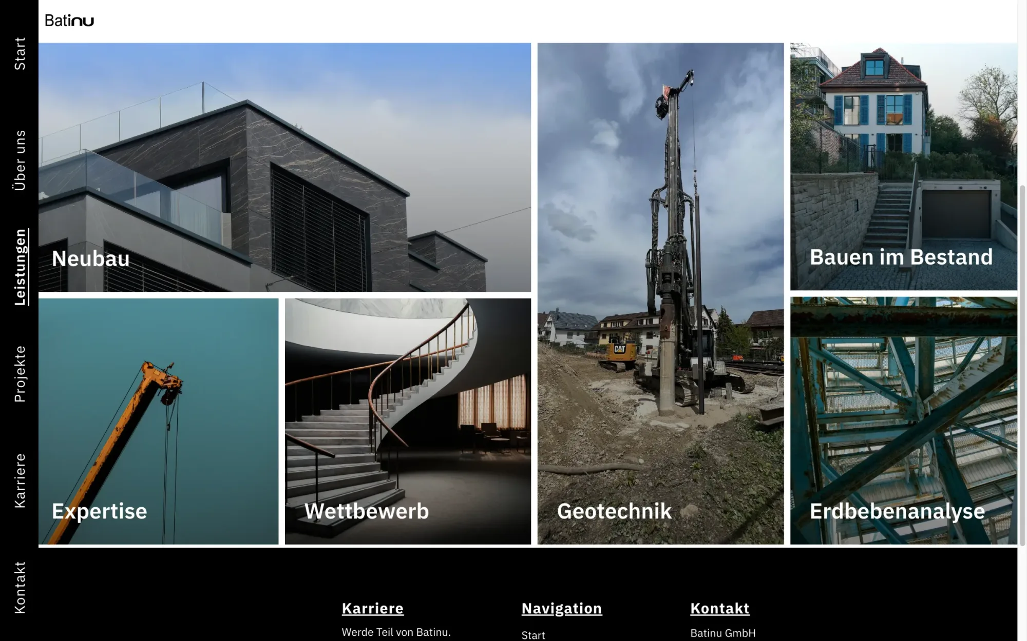 Leistungen von Batinu Bauingenieure als Bildraster: Neubau, Geotechnik, Bauen im Bestand, Expertise, Wettbewerb, Erdbebenanalyse — Webdesign Bauingenieure Zürich