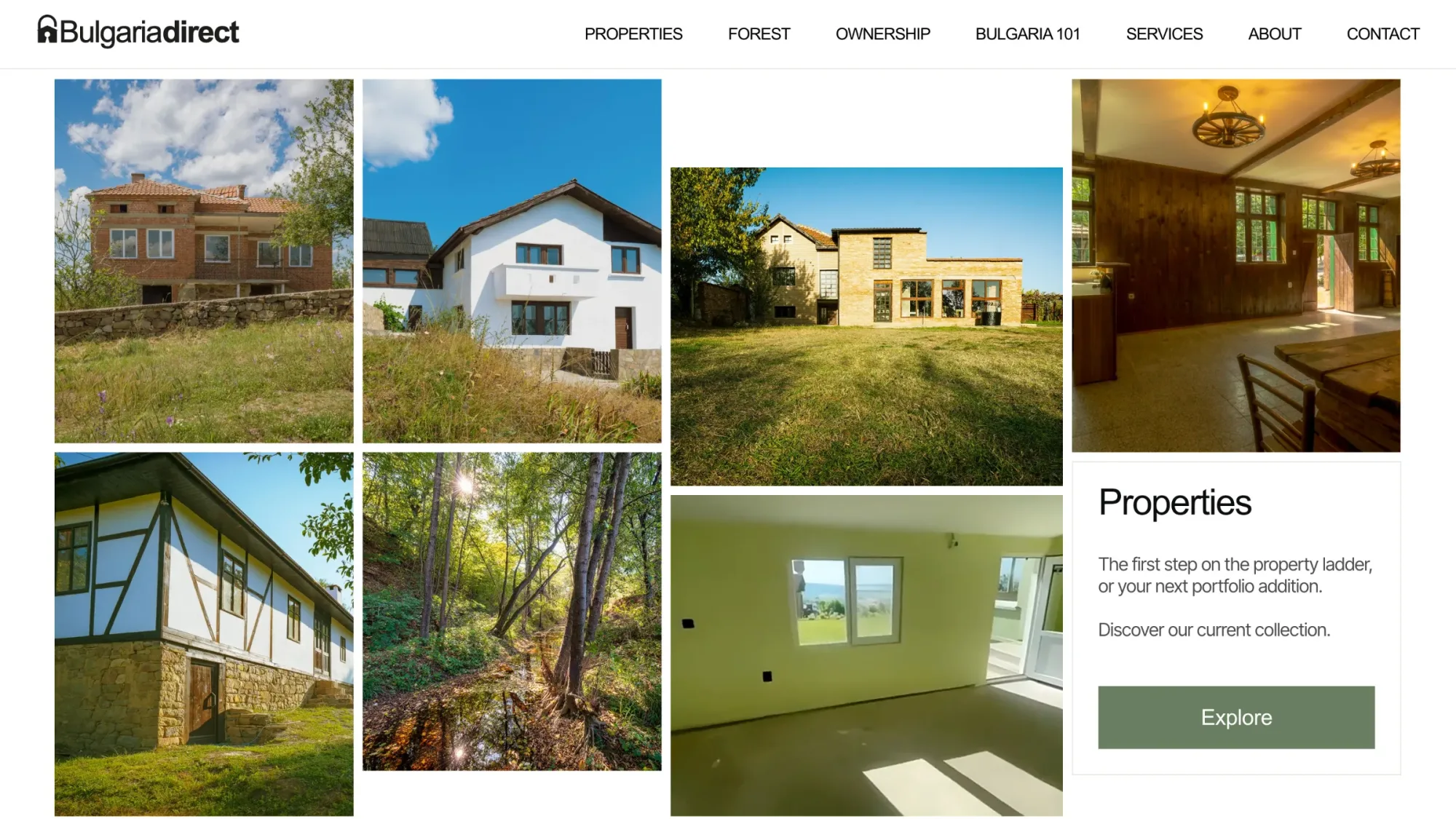 Immobilienübersicht auf bulgariadirect.com mit Häusern, Wald und Innenräumen — Webdesign Immobilien Bulgarien