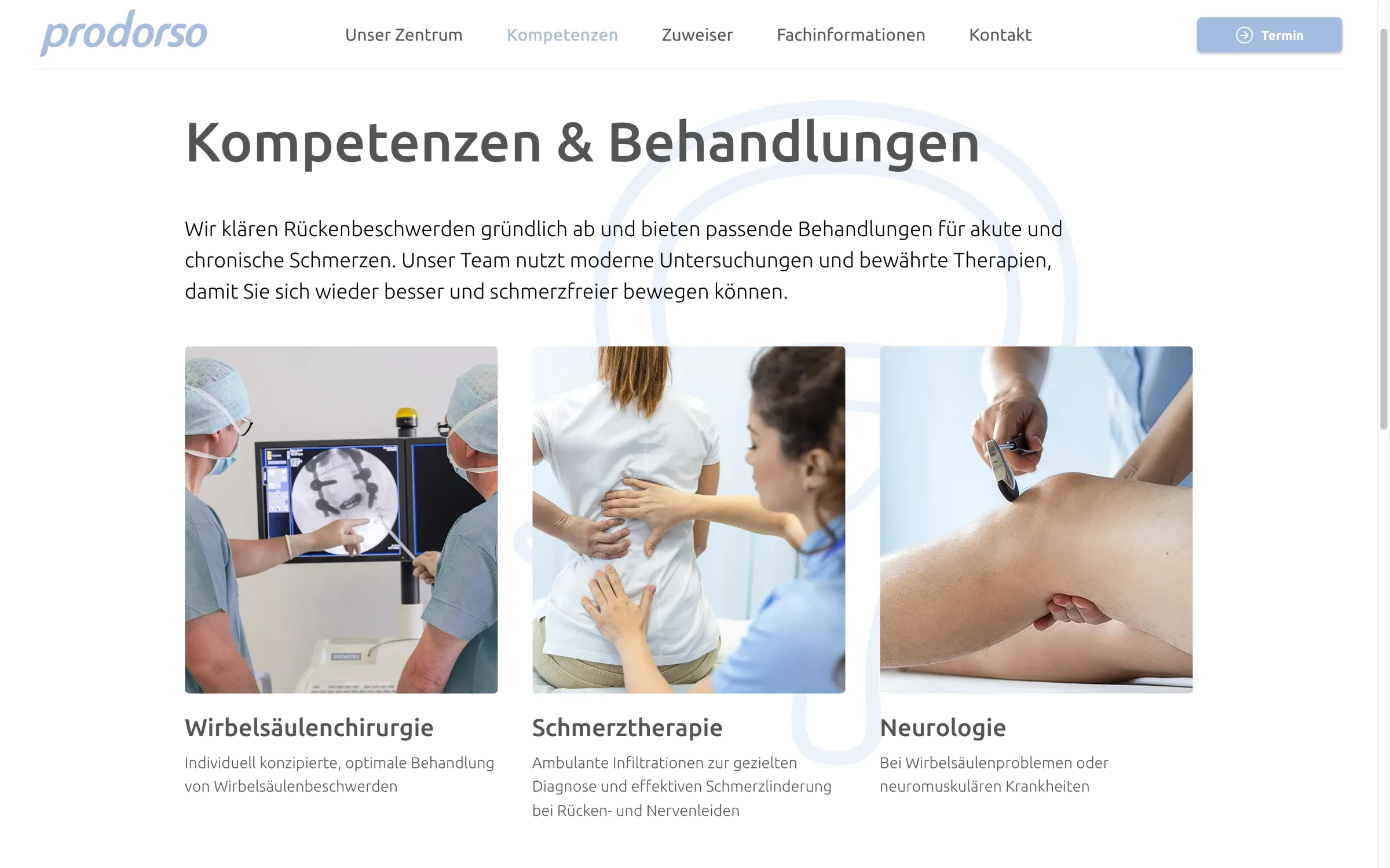 Seite Kompetenzen und Behandlungen auf prodorso.ch — Webdesign Praxis Wirbelsäulenmedizin