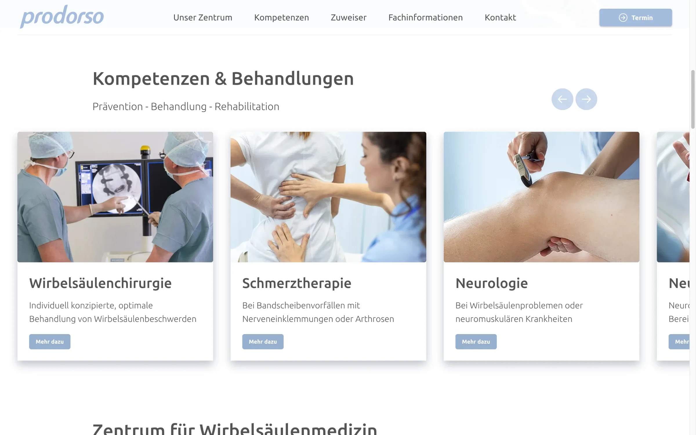 Kompetenzen-Slider auf prodorso.ch mit Wirbelsäulenchirurgie, Schmerztherapie und Neurologie — Webdesign Praxis Zürich