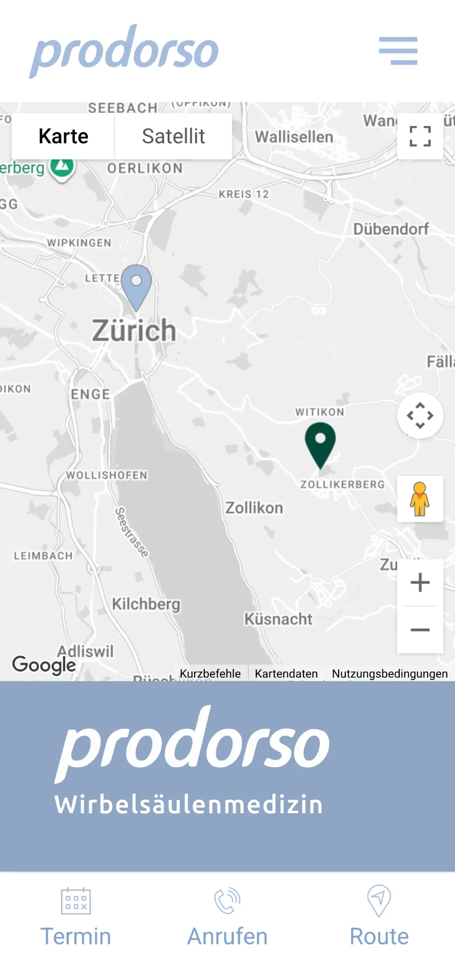 prodorso.ch mobil — Standortkarte mit Termin, Anrufen und Route, Webdesign Arztpraxis Zürich