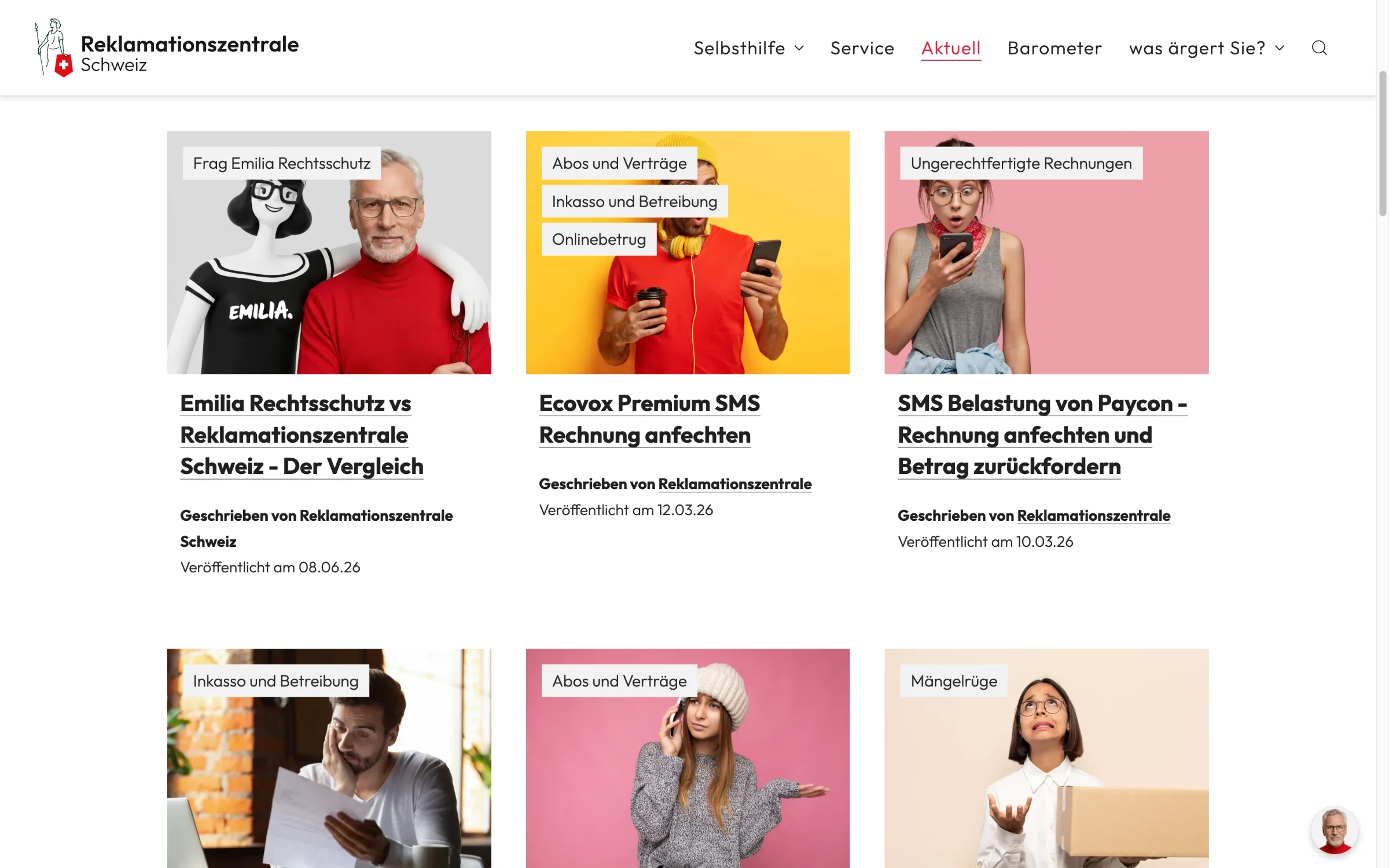Rubrik Aktuell mit Ratgeber-Beiträgen auf reklamationszentrale.ch — Webdesign und SEO Konsumentenschutz