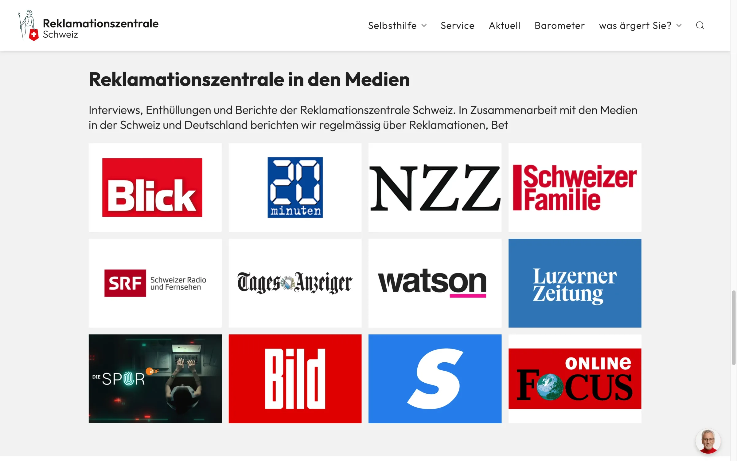 Medienberichte über die Reklamationszentrale Schweiz mit Logos von Blick, NZZ, SRF — PR für Konsumentenschutz-Plattform