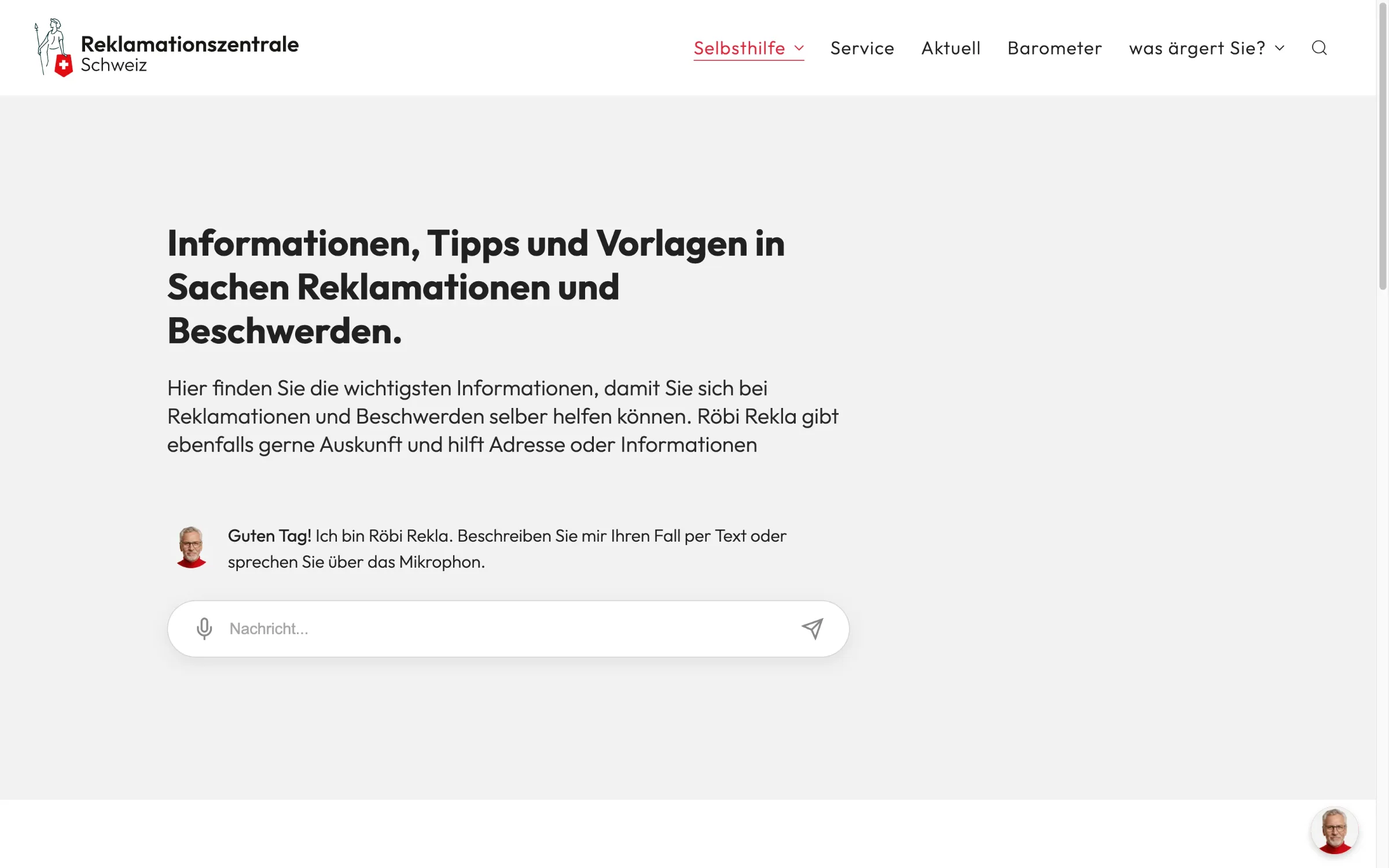 Selbsthilfe-Seite mit KI-Assistent Röbi Rekla auf reklamationszentrale.ch — Webdesign und KI-Chatbot