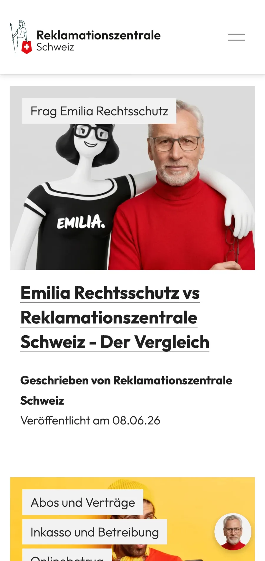 Reklamationszentrale mobil — Beitrag Emilia Rechtsschutz, Webdesign Konsumentenschutz-Plattform