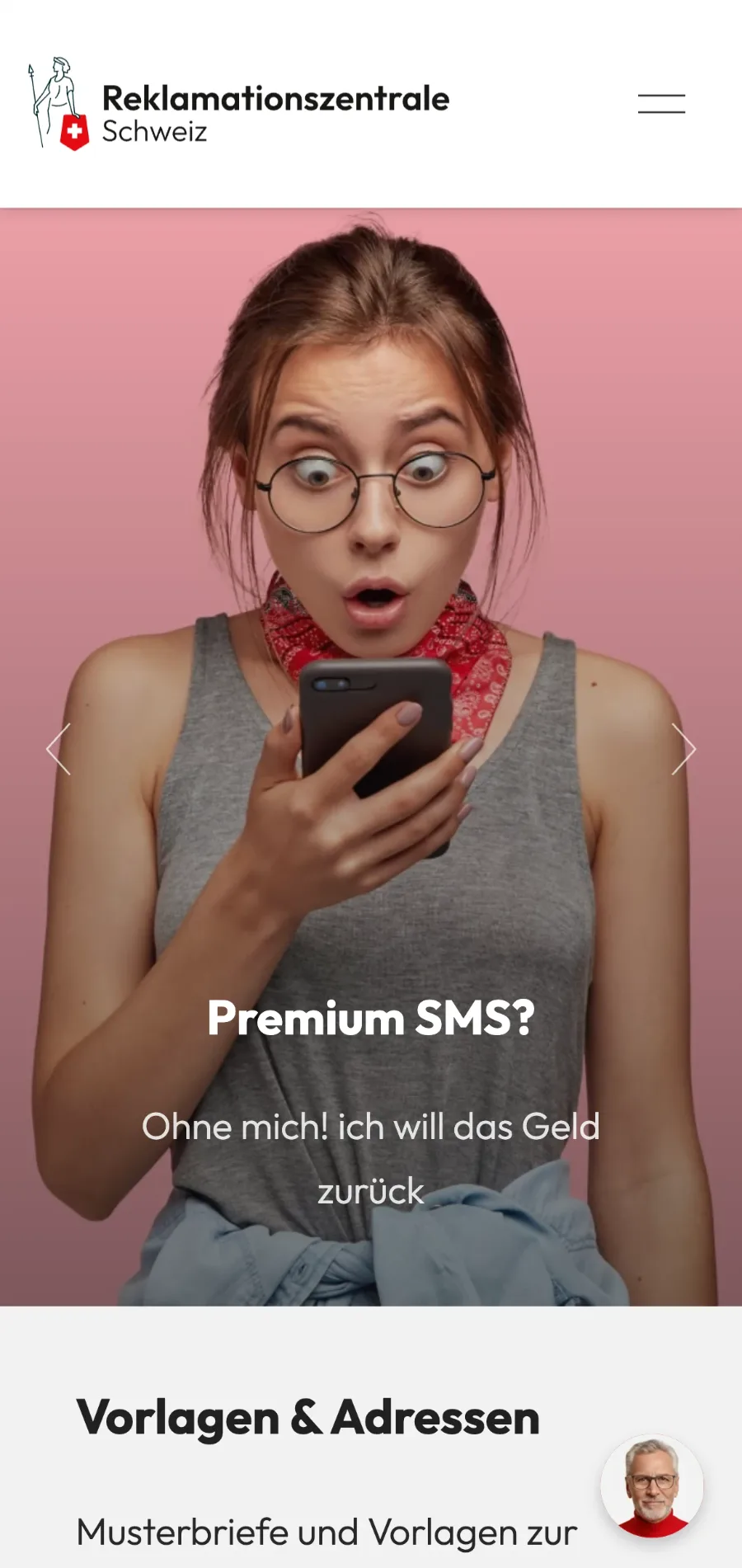 Reklamationszentrale mobil — Startseite «Premium SMS?», Webdesign Konsumentenschutz-Plattform