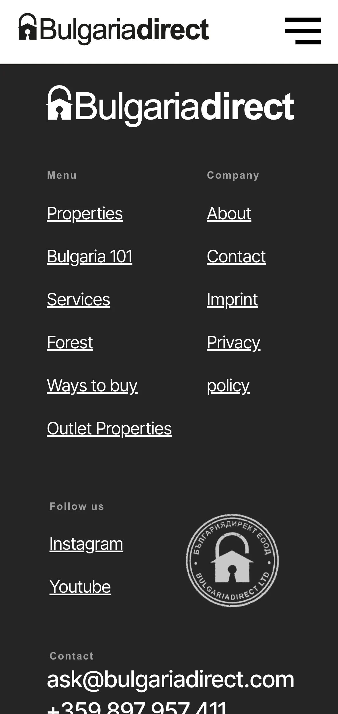 Bulgariadirect mobil — Startseite mit Kamin und «Flexible Pay-Monthly Ownership», Webdesign Immobilien Bulgarien